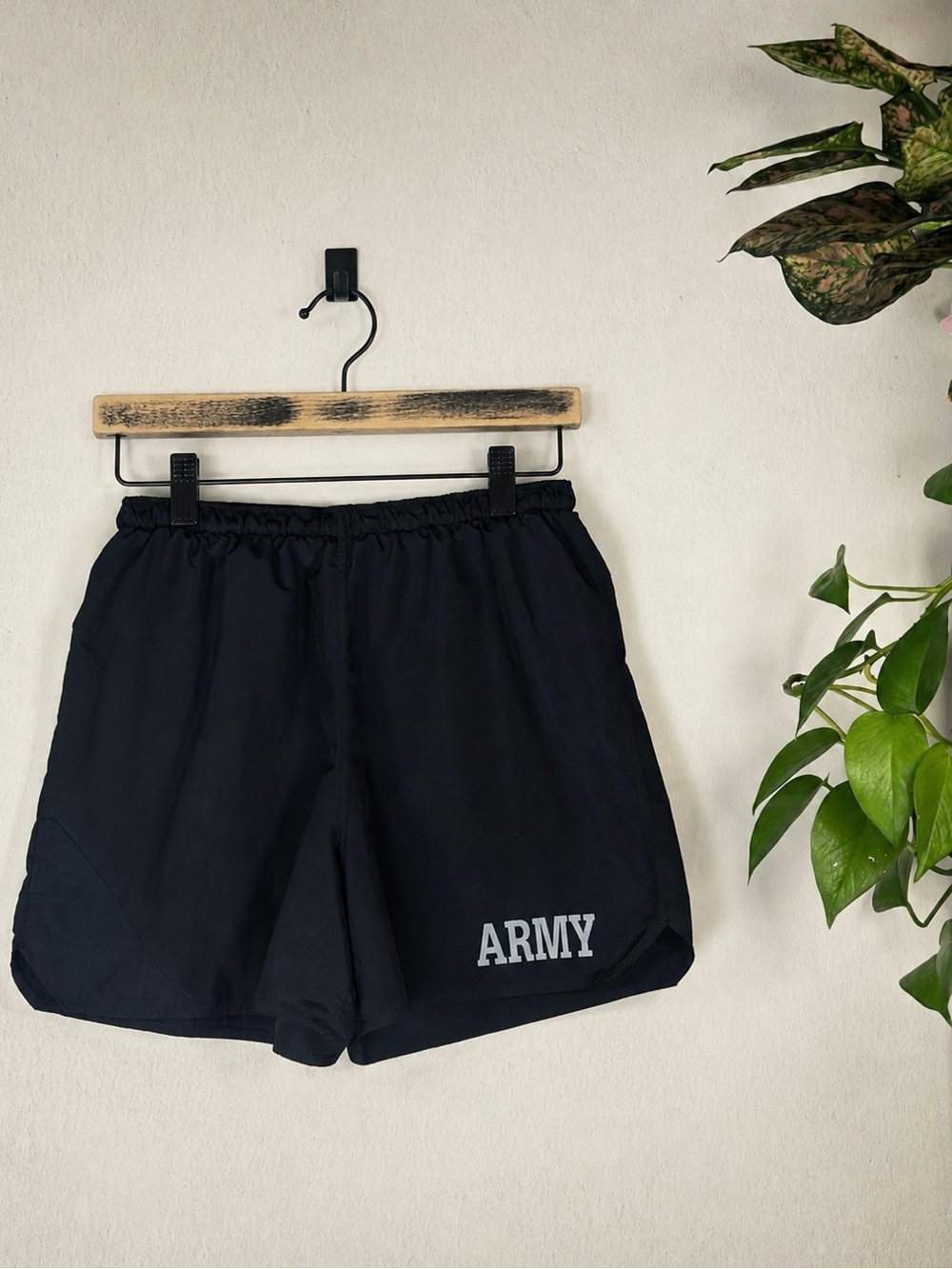 U.S. Army Black PT Shorts Medium Silver Logo Nylon Supplex Military Issue
